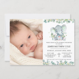 Greenery Cute Elephant Baptism Christening Foto Kaart
