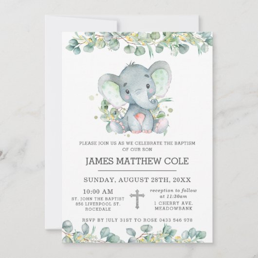 Greenery Cute Elephant Baptism Christening Kaart (Voorkant)