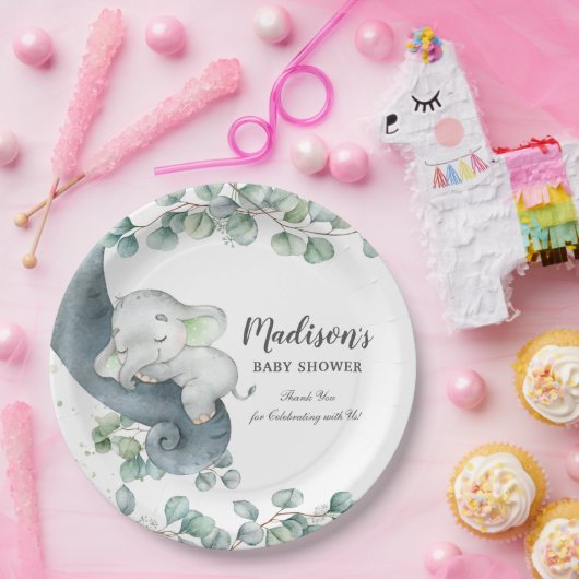 Greenery Cute Elephant Gender Neutral Baby shower Papieren Bordje (Feest)