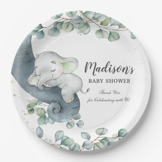 Greenery Cute Elephant Gender Neutral Baby shower Papieren Bordje (Voorkant)