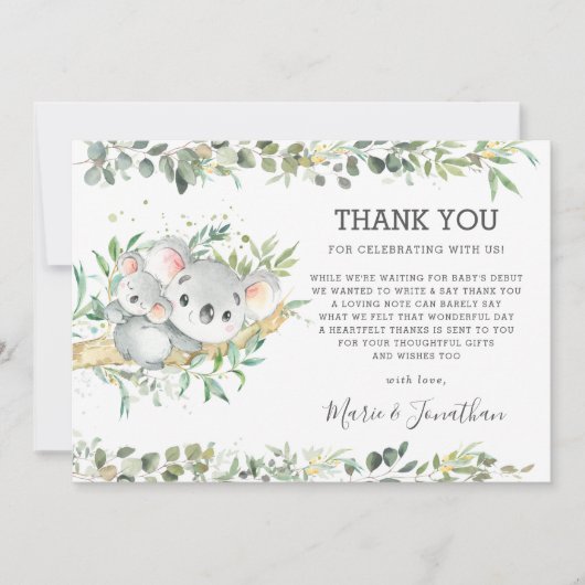 Greenery Cute Koala Gender Neutral Baby shower Bedankkaart (Voorkant)