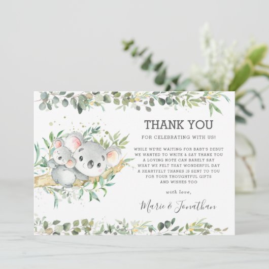 Greenery Cute Koala Gender Neutral Baby shower  Bedankkaart (Staand voorkant)