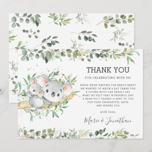 Greenery Cute Koala Gender Neutral Baby shower  Bedankkaart (Voorkant / Achterkant)