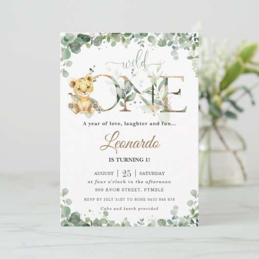 Greenery Cute Lion Cub Boy1st Birthday Wild One Kaart (Staand voorkant)
