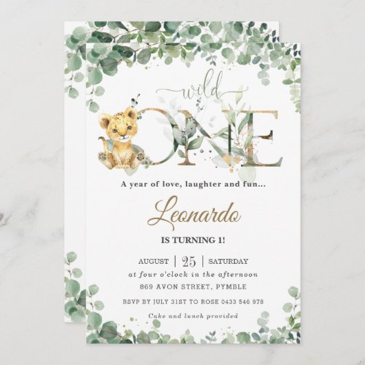 Greenery Cute Lion Cub Boy1st Birthday Wild One Kaart (Voorkant / Achterkant)