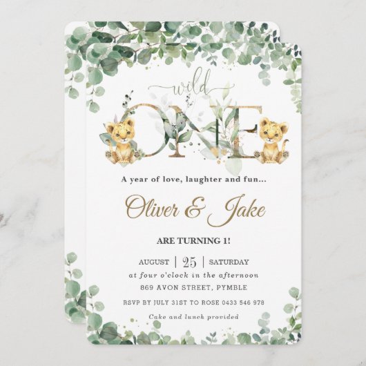 Greenery Cute Lion Cubon Twins Boys 1st Birthday  Kaart (Voorkant / Achterkant)