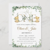 Greenery Cute Lion Cubon Twins Boys 1st Birthday  Kaart (Voorkant)