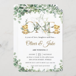 Greenery Cute Lion Cubon Twins Boys 1st Birthday  Kaart