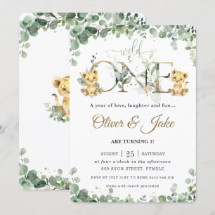 Greenery Cute Lion Cubon Twins Boys 1st Birthday  Kaart