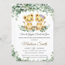 Greenery Cute Lion Cubs Twins Boy Girl Baby shower Kaart