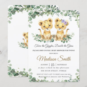 Greenery Cute Lion Cubs Twins Boy Girl Baby shower Kaart