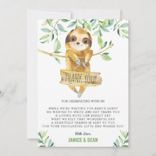 Greenery Cute Sloth Baby shower Boy Bedankkaart