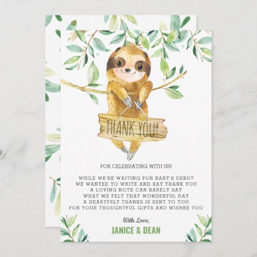 Greenery Cute Sloth Baby shower Boy Bedankkaart (Voorkant / Achterkant)