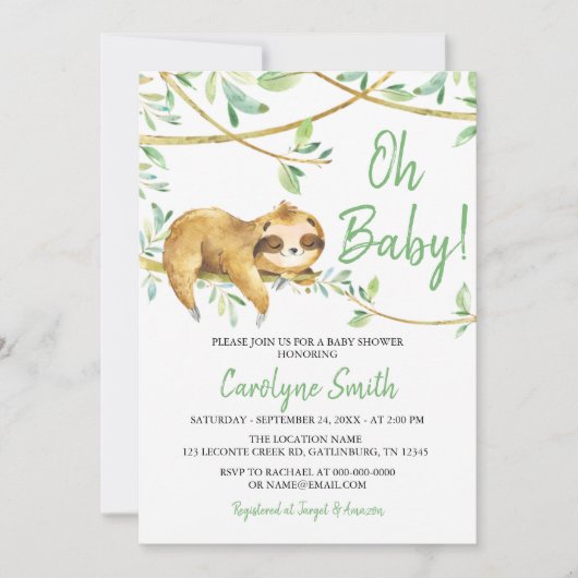 Greenery Cute Sloth Baby shower Invitation Kaart (Voorkant)