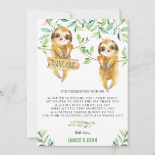 Greenery Cute Sloth Baby shower Twins Boys Bedankkaart
