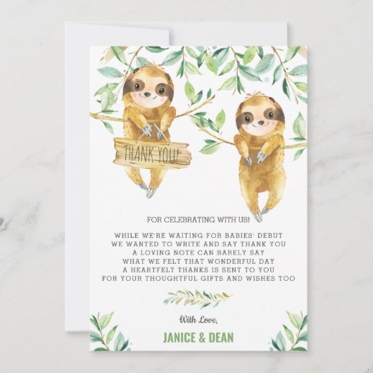 Greenery Cute Sloth Baby shower Twins Boys Bedankkaart (Voorkant)