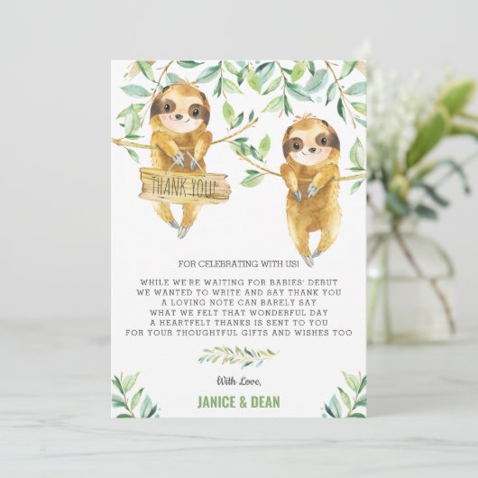 Greenery Cute Sloth Baby shower Twins Boys Bedankkaart (Staand voorkant)