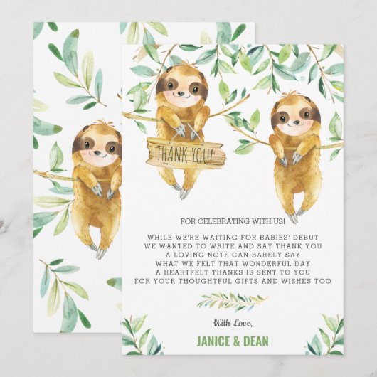 Greenery Cute Sloth Baby shower Twins Boys Bedankkaart (Voorkant / Achterkant)