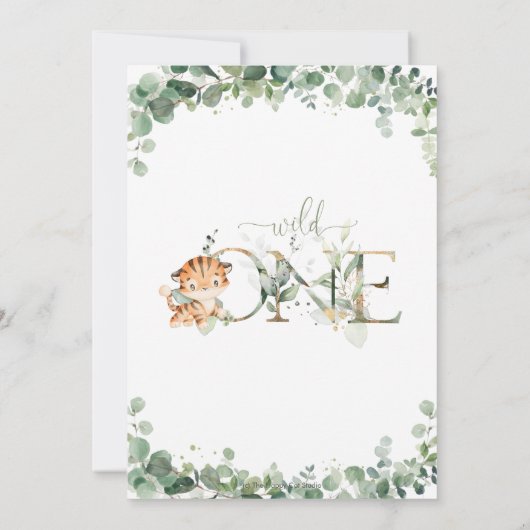 Greenery Cute Tiger Cub Boy 1st Birthday Wild One Kaart (Achterkant)