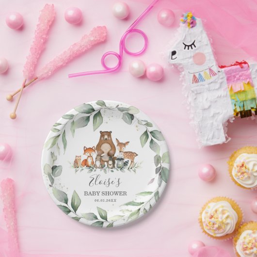 Greenery Cute Woodland Animals Baby shower Neutraa Papieren Bordje (Feest)