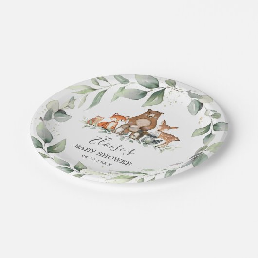 Greenery Cute Woodland Animals Baby shower Neutraa Papieren Bordje (Gekanteld)