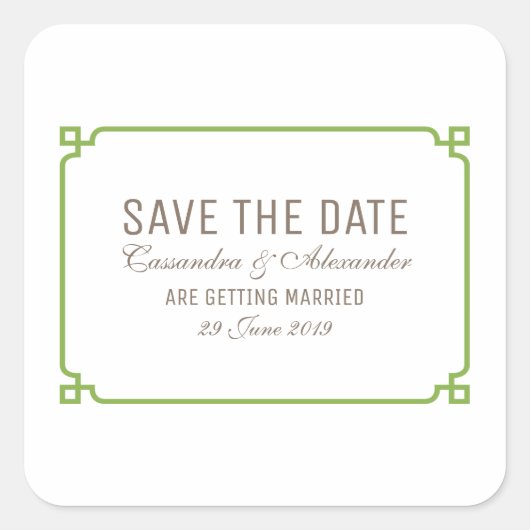 Greenery Deco Chic Save the Date Vierkante Sticker (Voorkant)