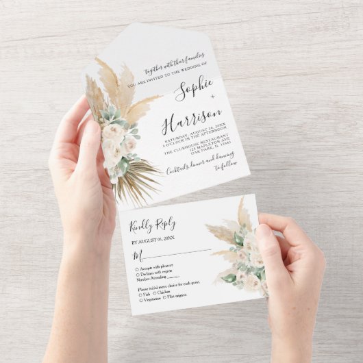 Greenery Desert Boho Pampas Grass Wedding All In One Uitnodiging (Afscheurbaar)