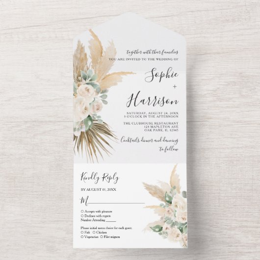 Greenery Desert Boho Pampas Grass Wedding All In One Uitnodiging (Binnen)