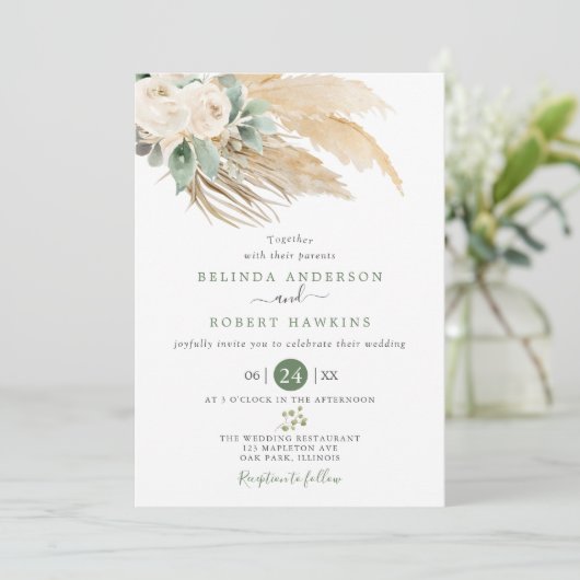 Greenery Desert Boho Roos Pampas Grass Wedding Kaart (Staand voorkant)