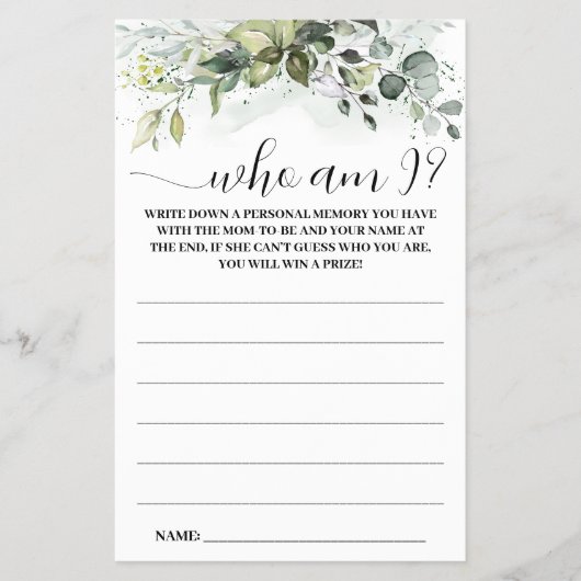 Greenery die ik Baby shower Game Kaart (Voorkant)