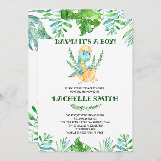 Greenery Dinosaur Baby Shower Kaart (Voorkant / Achterkant)