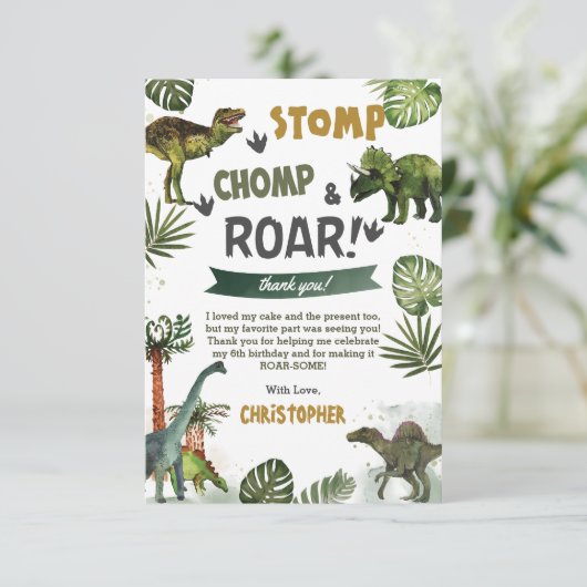 Greenery Dinosaurs Birthday Stomp Chomp Roar Bedankkaart (Staand voorkant)