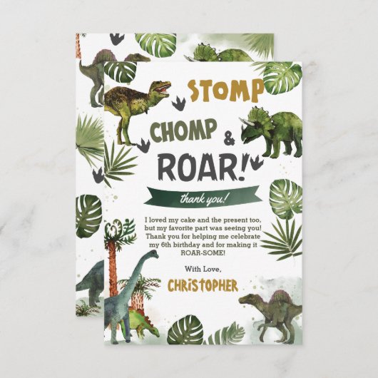 Greenery Dinosaurs Birthday Stomp Chomp Roar Bedankkaart (Voorkant / Achterkant)