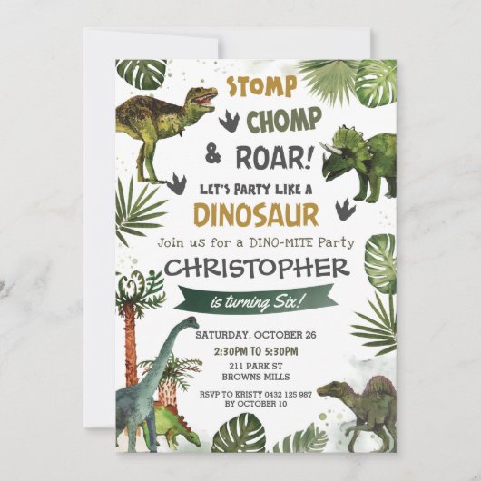 Greenery Dinosaurs Birthday Stomp Chomp Roar Kaart (Voorkant)