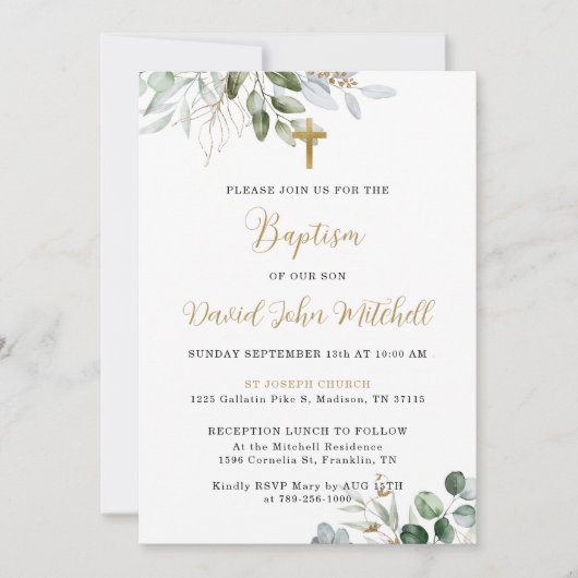 Greenery Doop Uitnodiging Sjabloon, Groen & Goud (Voorkant)