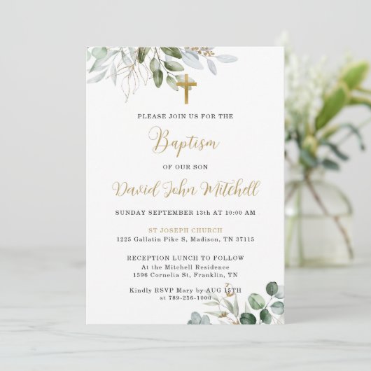 Greenery Doop Uitnodiging Sjabloon, Groen & Goud (Staand voorkant)