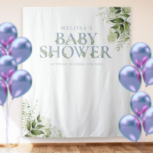 Greenery Dusty Blue Baby shower Foto achtergrond Wandkleed