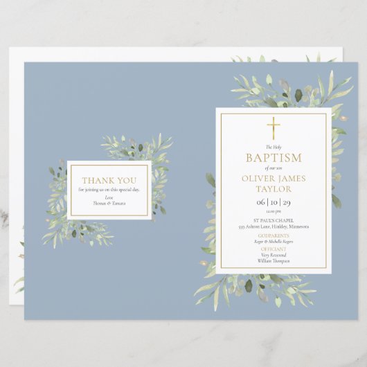 Greenery Dusty Blue Baptism Christening Programme (Voorkant / Achterkant)