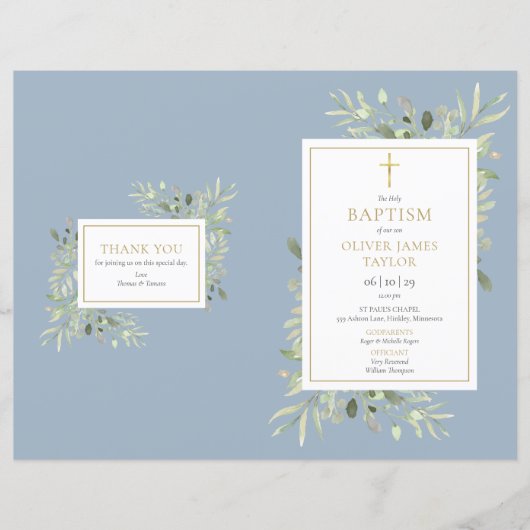 Greenery Dusty Blue Baptism Christening Programme (Voorkant)