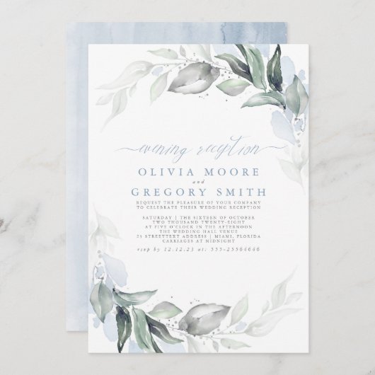 Greenery Dusty Blue Elegant Evening Reception Kaart (Voorkant / Achterkant)