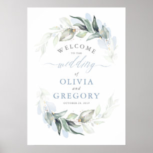 Greenery Dusty Blue Elegant Wedding Welkom Poster