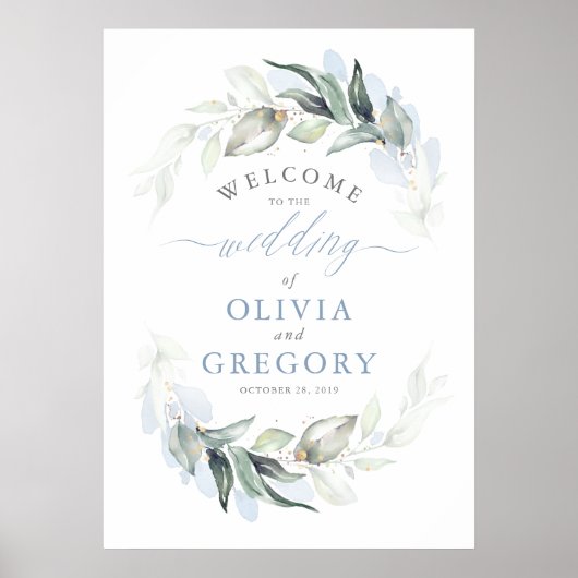 Greenery Dusty Blue Elegant Wedding Welkom Poster (Voorkant)