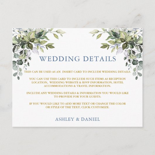 Greenery Dusty Blue Gold Wedding-kaart Briefkaart (Voorkant)
