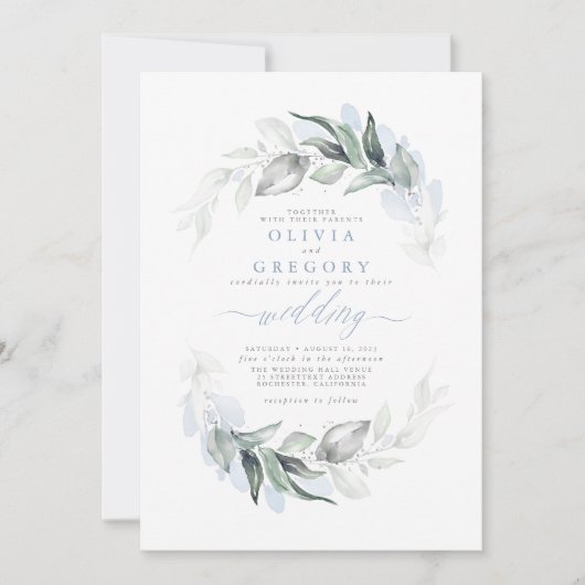 Greenery Dusty Blue Modern Elegant Wedding Kaart (Voorkant)