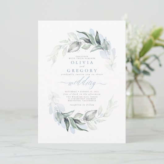 Greenery Dusty Blue Modern Elegant Wedding Kaart (Staand voorkant)