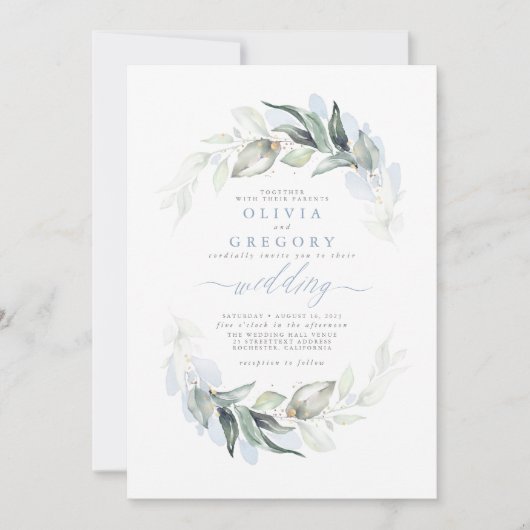 Greenery Dusty Blue Modern Elegant Wedding Kaart (Voorkant)
