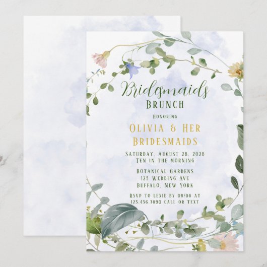 Greenery Dusty Blue Wildflower Bridesmaids Brunch Kaart (Voorkant / Achterkant)