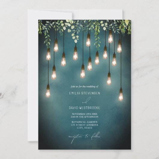 Greenery Edison Lightbulbs Waterverf Wedding Kaart (Voorkant)