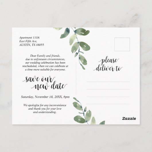 Greenery, een draai in Plannen, bruiloft uitgestel Briefkaart (Achterkant)