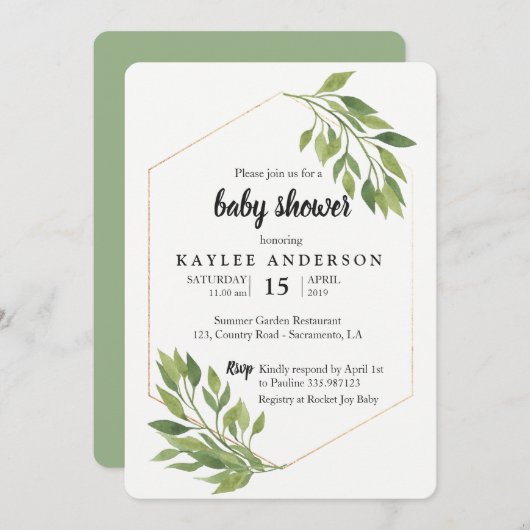 Greenery elegant Baby shower-uitnodiging Kaart (Voorkant / Achterkant)